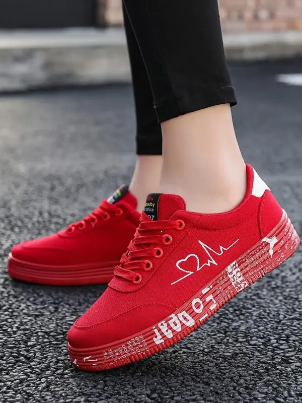 Women's Fashionable Heart Print Lace Up Canvas Sneakers As Gift, 2024 Casual Comfortable Sports Running Shoes, Casual Fashion...