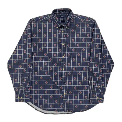 Wrinkle Resistant Ivy Crew Patterned Shirt - Large Blue Cotton