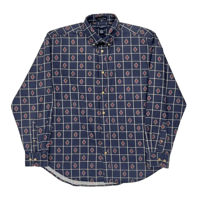 Wrinkle Resistant Ivy Crew Patterned Shirt - Large Blue Cotton