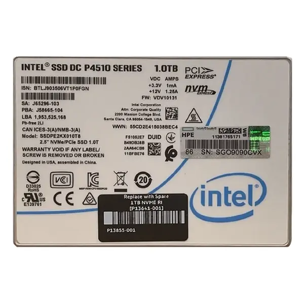 SSDPE2KX010T8OS Intel DC P4510 1TB Triple-Level Cell PCI Express 3.1 x4 NVMe U.2 2.5-Inch Solid State Drive