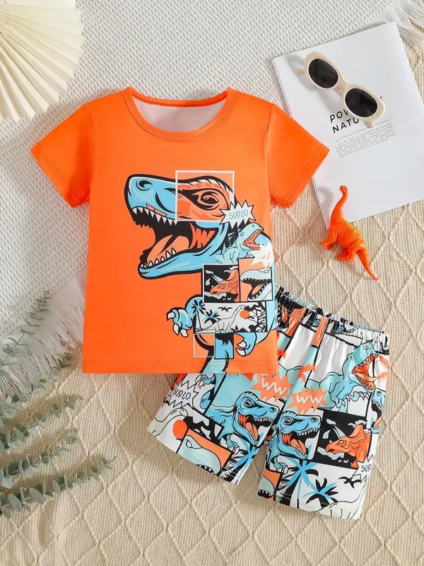 Two-Piece Set Boy's Dinosaur Print Short Sleeve Tee & Shorts, Casual Round Neck T-shirt & Shorts, Summer Outfits Clothes for ...