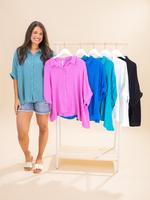 Zenana Double Gauze 3/4 Sleeve Button Down Top | S/M-2XL/3XL