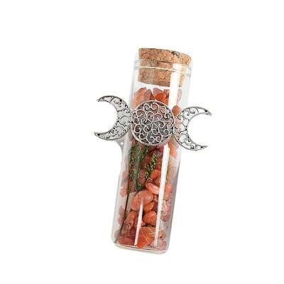 Natural Carnelian Chip Healing Crystals Wishing Bottles with Alloy Triple Moon Decor