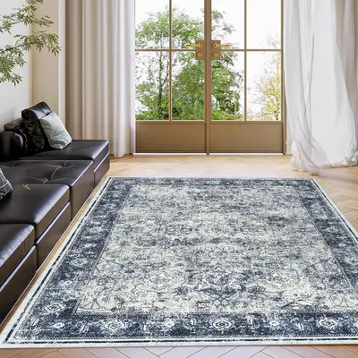 Garvee Persian Blue 5x7 Vintage Washable Area Rug Distressed Non-Slip Polyester Soft Texture Foldable Indoor Accent Mat High ...