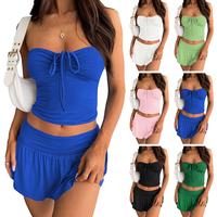 Fisoew Womens 2 Piece Summer Outfits Y2k Crop Tube Tops and Pleated Mini Skirts Beach Sets