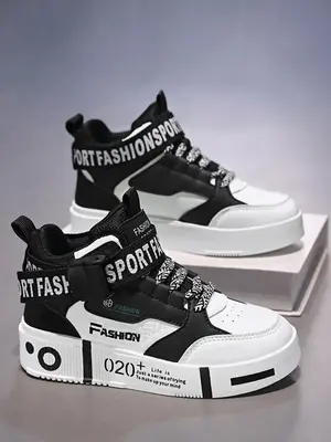 Men's Fashionable Letter Print Lace Up High Top Sneakers, Casual Comfortable Sports Shoes for Daily Wear, Male All-match Roun...