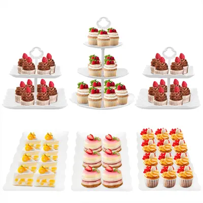 ZUMELER White Plastic 6Pcs Cupcake Stand Set with 3Tier & 2Tier Design for Kitchen Use, Ideal for Weddings, Baby Showers, and...