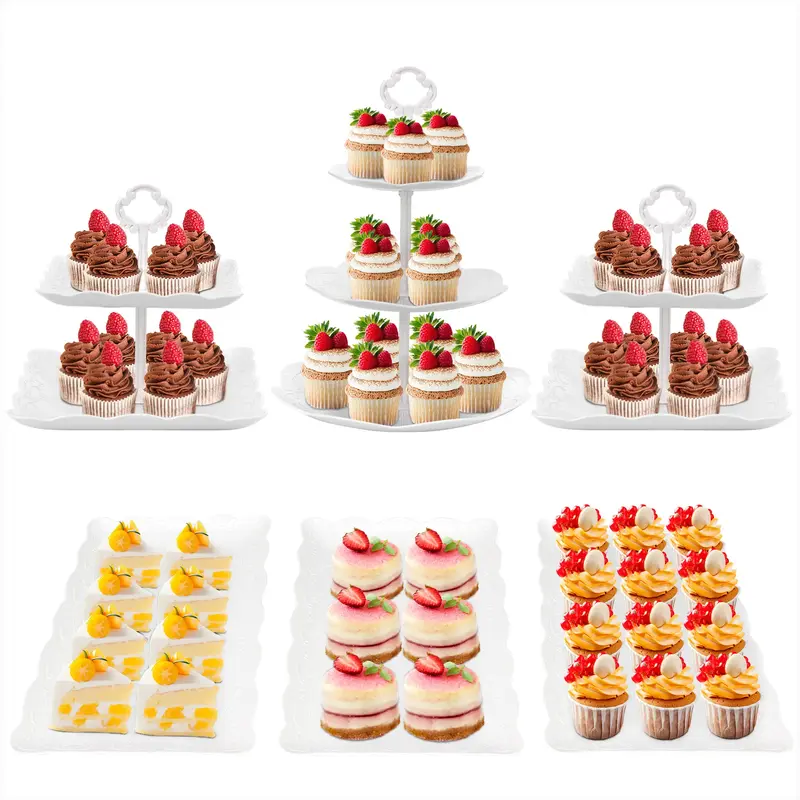 ZUMELER White Plastic 6Pcs Cupcake Stand Set with 3Tier & 2Tier Design for Kitchen Use, Ideal for Weddings, Baby Showers, and...