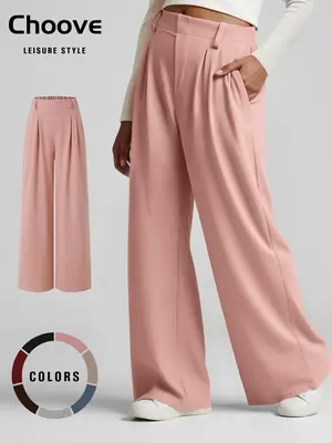Women's Basic Solid Pocket Wide Leg Pants, Casual Comfy Trousers for Daily Wear, Ladies Bottoms for All Seasons