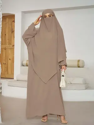 Women's Solid Color Bishop Sleeve Abaya & Hijab Two-Piece Set, Modest Round Neck Long Sleeve Dress & Hijab for Daily Wear, Wo...