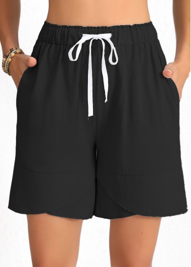 Modlily Black Drawstring Elastic Waist High Waisted Shorts - XL