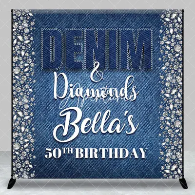 Aperturee Blue Denim Diamonds Custom Name 50th Birthday Backdrop, 3X3FT(1X1M), 15 USD, custom birthday backdrops, DZDM1Y90-O