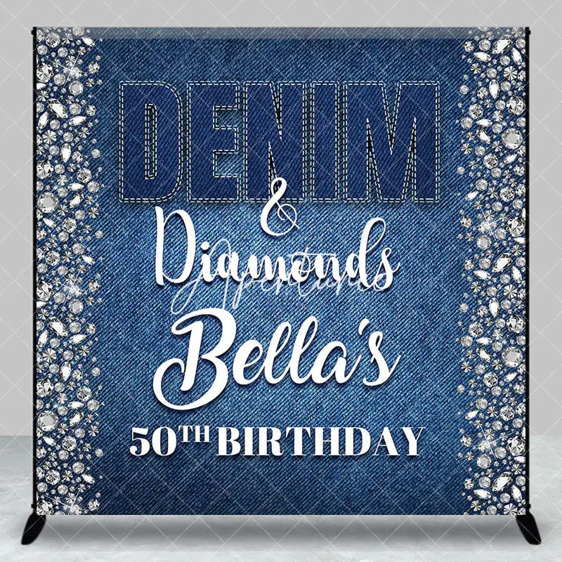 Aperturee Blue Denim Diamonds Custom Name 50th Birthday Backdrop, 3X3FT(1X1M), 15 USD, custom birthday backdrops, DZDM1Y90-O
