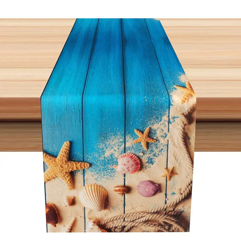 Retro Blue Wood Wall Sand Shell Coastal Table Runner - Aperturee