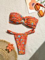 Two-Piece Set Women's Floral Print Bikini Set, Casual Fashion Chic Strapless Swim Top & Swim Bottom Swimsuit for Beach Holida...