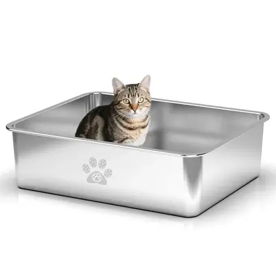 PTLOM Stainless Steel Cat Litter Box High Side, No Lid Large Space, Splash-proof Non-stick Cat Pet Supplies Paws TikTokShopSu...