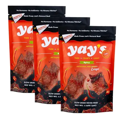 Yay’s Beef Jerky – Spicy – 3 pack - Thin and Crispy - Crispy Meat Snacks with 24G Protein per Bag | Non-GMO, USA Made, ...
