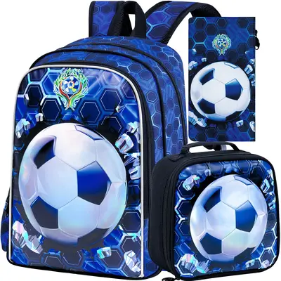 3PCS Football Backpack for Boys, 16 Inch Kids Water Resistant Preschool Bookbags with Lunch Box, Cool Elementary School Bag f...
