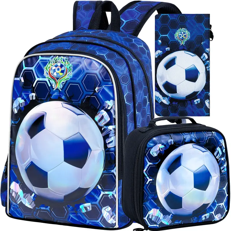3PCS Football Backpack for Boys, 16 Inch Kids Water Resistant Preschool Bookbags with Lunch Box, Cool Elementary School Bag f...