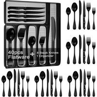 49-Piece Black Silverware Set with Drawer Organizer, Stainless Steel Cutlery for 8 with Matte Steak Knives, Forks, Spoons - D...