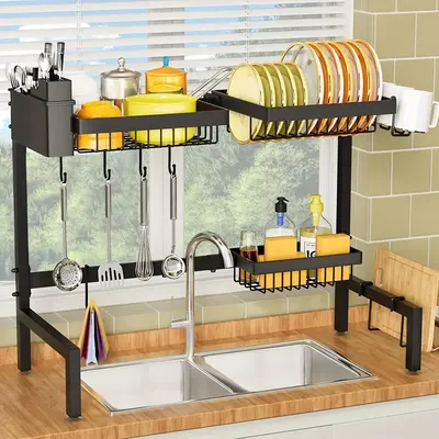 1 Piece Over the Sink Dish Drying Rack, Adjustable Large Dish Drainer for Storage Kitchen Counter Organizer