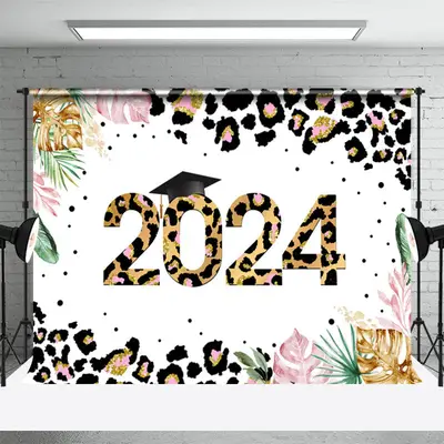 Leopard Leaves Graduate Boho 2024 Backdrop For Photo - Aperturee