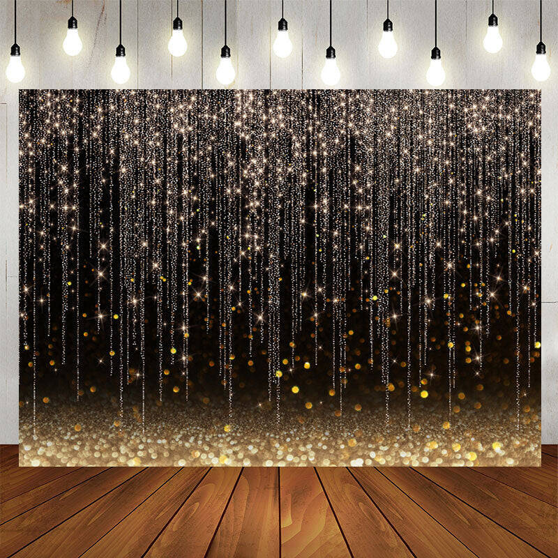Aperturee Glitter Lines Black Golden Bokeh Birthday Backdrop