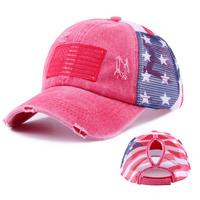 4th of July Criss-Cross Elastic Band Cotton Brushed Embroidery Baseball Cap with American Flag Printed mesh for Women  hat
