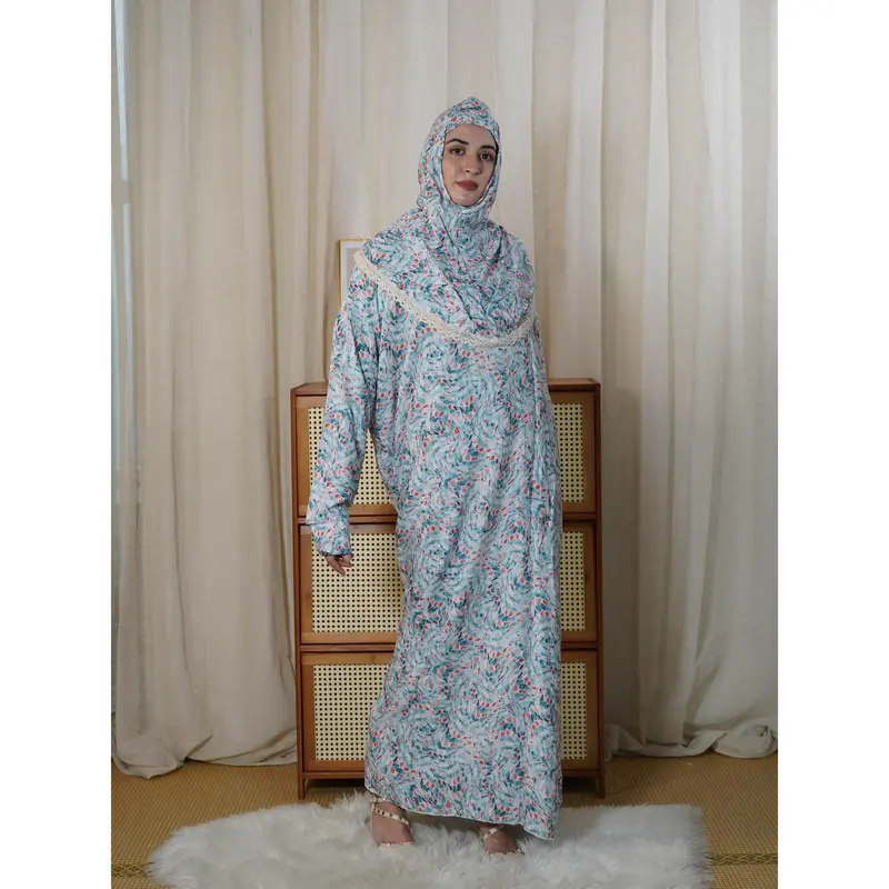 Elegant Floral Print Lace-Trimmed Hooded Prayer Dress for Muslim Women - Long Sleeve, Ankle-Length, Rayon Fabric, Machine Was...