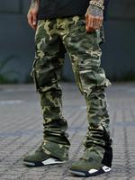 Men's Camo Print Drawstring Waist Cargo Pants, Regular Fit Street Fashion Pocket Split Hem Trousers, Men's Bottoms for All S...
