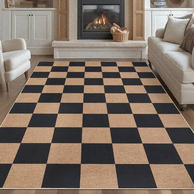 Garvee Easy Jute 8x10 Checkered Area Rug, Non-Slip Washable Indoor Outdoor Jute-Look Carpet, Black & Tan Farmhouse Rug for Li...