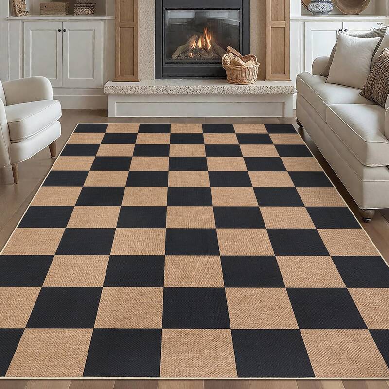 Garvee Easy Jute 8x10 Checkered Area Rug, Non-Slip Washable Indoor Outdoor Jute-Look Carpet, Black & Tan Farmhouse Rug for Li...