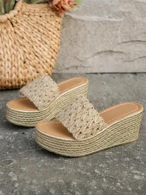 Women's Fashionable Boho Style Solid Color Wedge Sandals, Stylish Casual Comfortable Slip on Platform Sandals for Summer, Fas...
