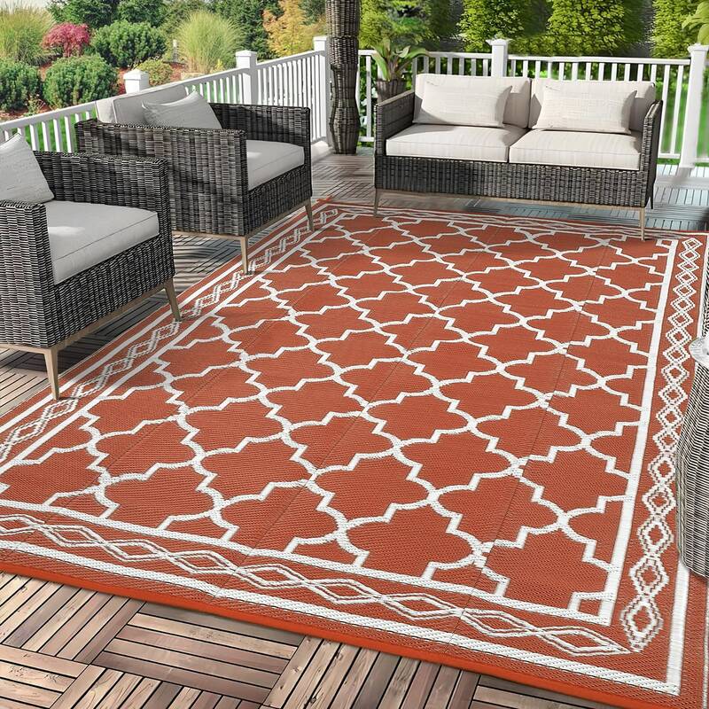Garvee Outdoor Brick Red 10x20 Extra Large Waterproof Rug Reversible Geometric Pattern Durable Plastic UV-Resistant Lightweig...