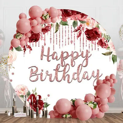 Red Pink Floral Diamond Round Happy Birthday Backdrop - Aperturee