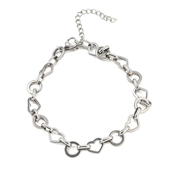 304 Stainless Steel Heart & Flat Round Link Bracelets for Men & Women