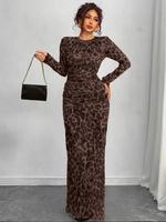Women's Leopard Print Ruched Bodycon Dress, Elegant Long Sleeve Round Neck Dress for Party Holiday Wedding Guest, Ladies Spri...