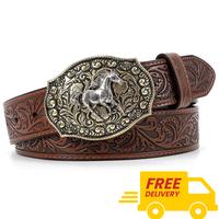 ăFathersDayGiftă Cowboy Cowgirl Leather Buckle Belt for Men Women Western Leather Belt for Jeans Business Belt