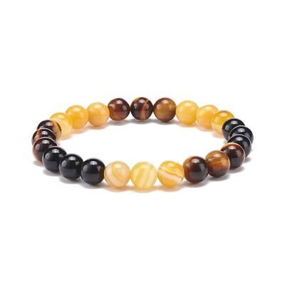 Natural Agate & Tiger Eye & Black Onyx Round Beaded Stretch Bracelet
