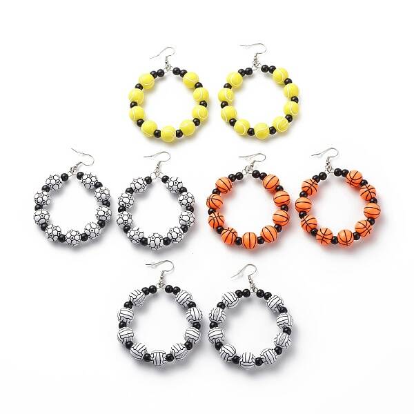 Sport Theme Acrylic Round Beaded Dangle Earrings