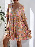 【Plus Size】Floral Print Dress, Casual Chic Dress for Daily Holiday Vacation Wear, Women's Clothes for Summer, Boho Womens...
