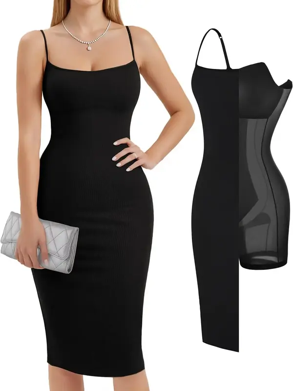 Popilush Slip Midi Dress Built-In Shapewear Spaghetti Straps Tummy Control Bodycon Sexy#FallFreshness