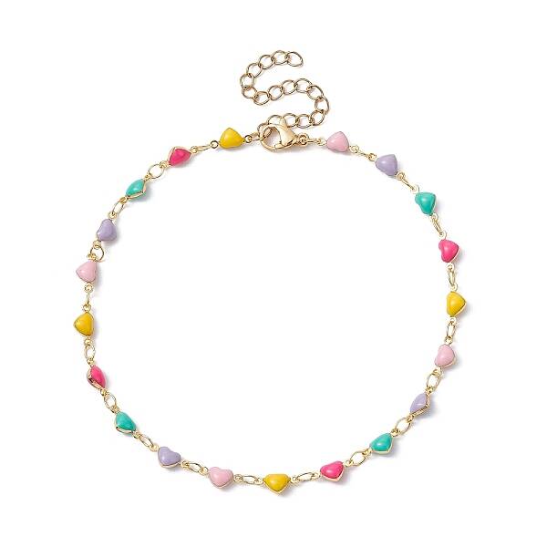 Brass Enamel Heart Link Chain Anklet