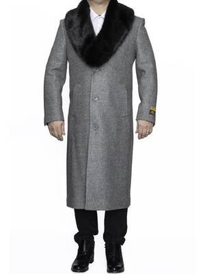 Moscow: REMOVABLE FUR COLLAR FULL LENGTH LIGHT GREY WOOL OVERCOAT
