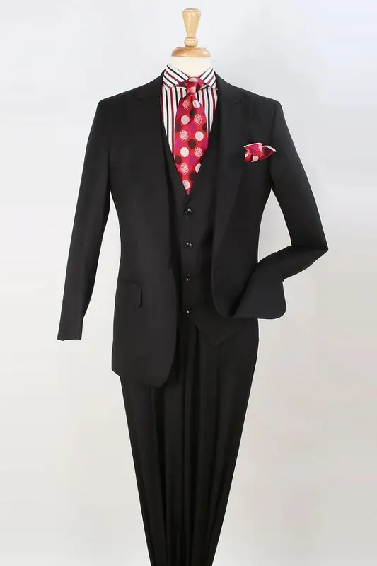 Classic Men's Black Fashion Suit - Vested One Button Peak Lapel