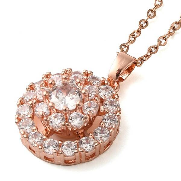 Brass Pave Clear Glass Flower Pendant Necklaces