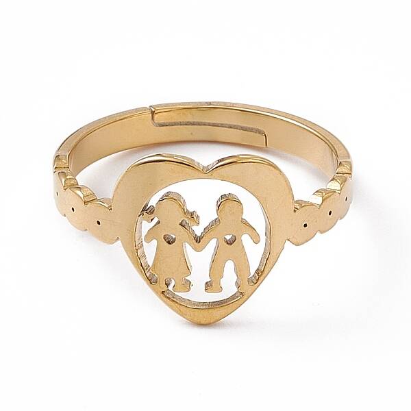 Ion Plating(IP) 201 Stainless Steel Heart with Lovers Adjustable Ring for Valentine's Day