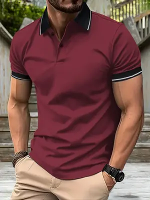 Men's Patchwork Short Sleeve Polo Shirt, Regular Fit Casual Streetwear Button Front Top, Summer Clothes for Men, Clothing