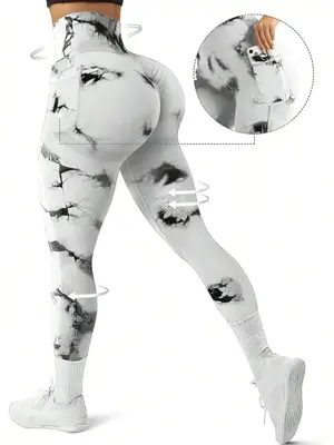 Women's Tie Dye Print High Waist Pocket Sports Leggings, Casual Sporty Breathable Comfortable Skinny Pants for Yoga Gym Worko...