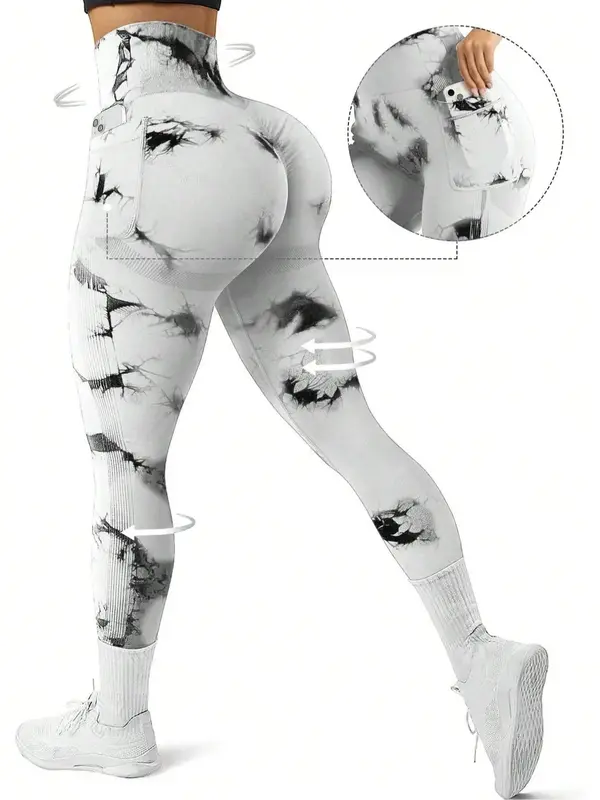 Women's Tie Dye Print High Waist Pocket Sports Leggings, Casual Sporty Breathable Comfortable Skinny Pants for Yoga Gym Worko...
